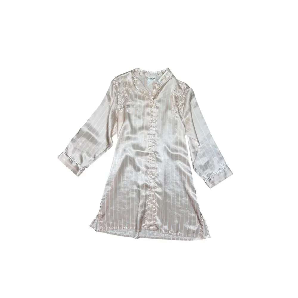 Vintage Natori Classics Peach Embroidered Satin Nightgown Sleep Shirt Medium